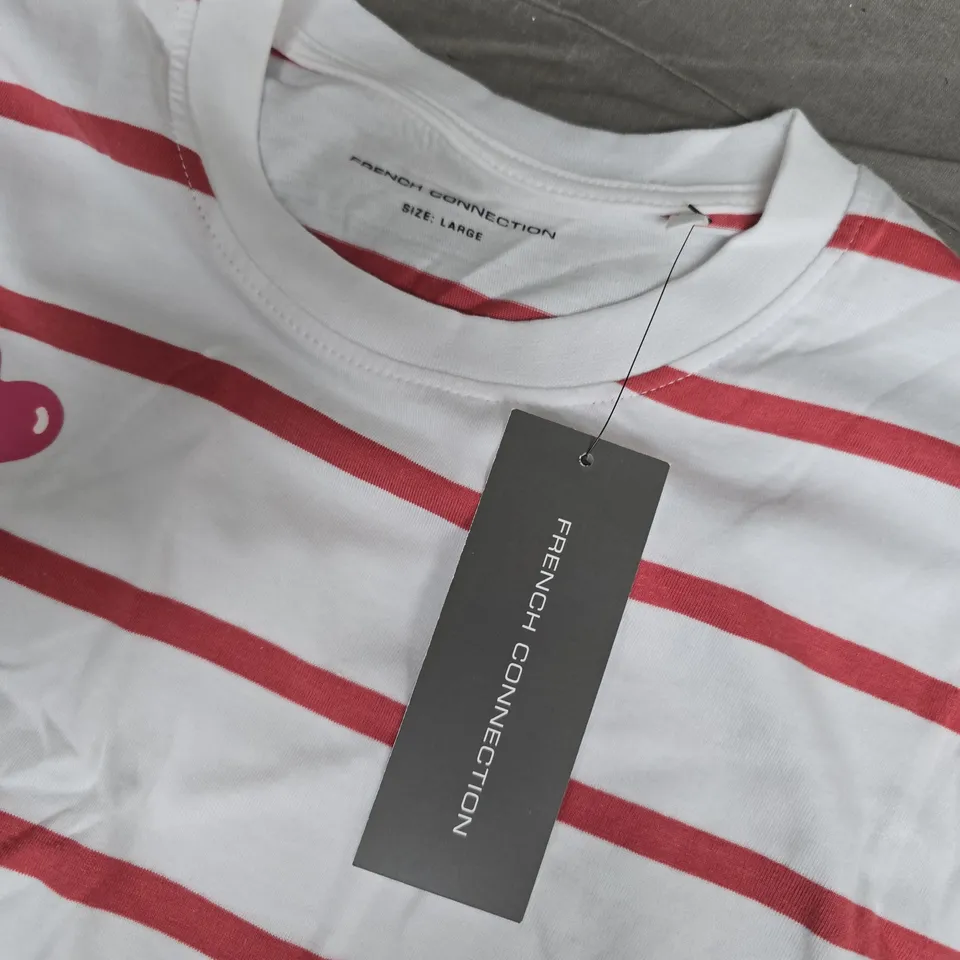 French Connection Balloon Stripe T-Shirt – White/Rose Kiss, Size L (Men)