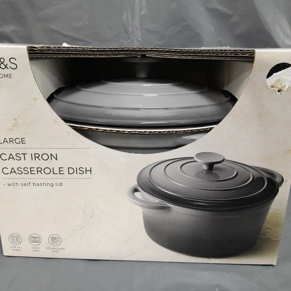 BOXED LARGE CAST IRON CASSEROLE DISH IN GREY W. SELF BASTING LID