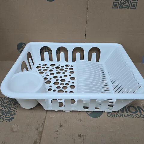 WHITE PLASTIC DISH RACK WITH INTEGRATED CUP HOLDER