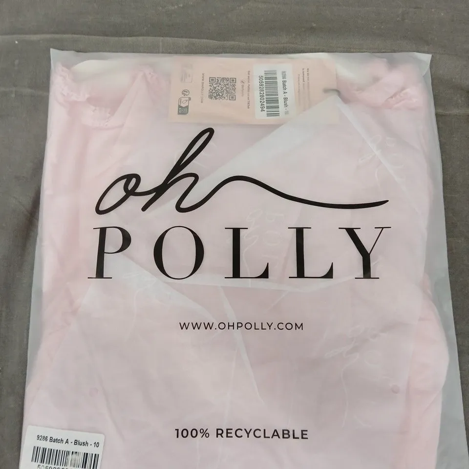 BAGGED OH POLLY EVABETH LACE-TRIM RUCHED MINI DRESS IN BLUSH - SIZE 10