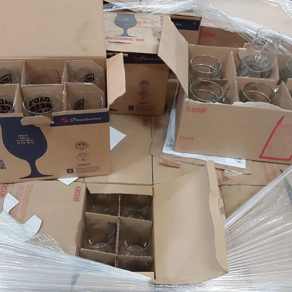 PALLET OF BRAND NEW BOXED BEER GLASSES // APPROXIMATELY 140 BOXES OF 6X 195ML GLASSES, 2 BOXES OF 6X 500ML GLASSES, 5 BOXES OF 6X 380ML GLASSES,