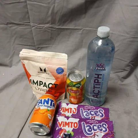 APPROX 6 ASSORTED FOOD AND DRINK ITEMS: MYPROTEIN IMPACT CREATINE, VIMTO LACES, LIPTON PEACH TEA, FANTA ZERO SUGAR, ACTIPH WATER