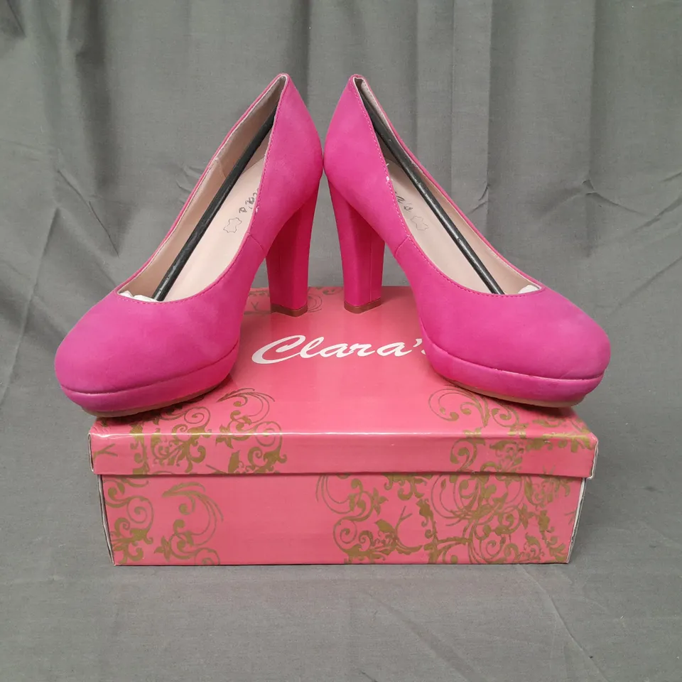 BOXED PAIR OF CLARA'S CLOSED TOE HIGH HEEL SHOES IN FUCHSIA 37