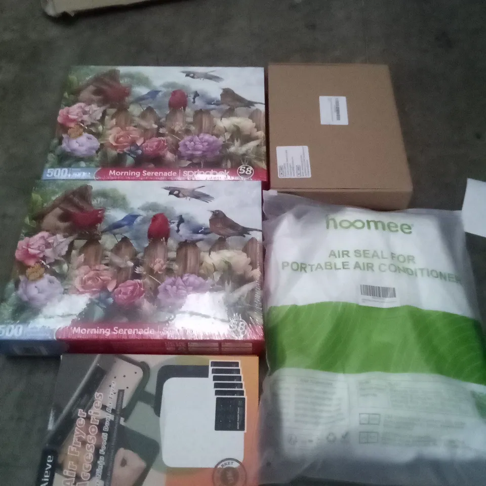 PALLET OF ASSORTED ITEMS INCLUDING JIG SAW PUZZLES , AIR CONDITIONER , AIR FRYER ACCESSORIES, ETC 