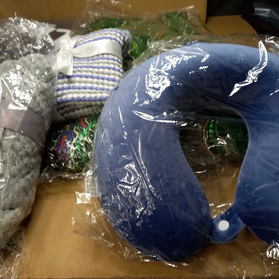 LARGE BOX OF APPROXIMATELY 15 ASSORTED HOUSEHOLD ITEMS TO INCLUDE: NECK SUPPORT PILLOW, KIDS BLANKE, KIDS PILLOW