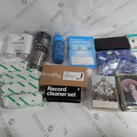 APPROXIMATELY 10 ASSORTED HOUSEHOLD GOODS TO INCLUDE CARBON BLOCK FILTER, SMALLRIG SLING HANDLE, TEMP LOG BOOK RECORDS ETC.
