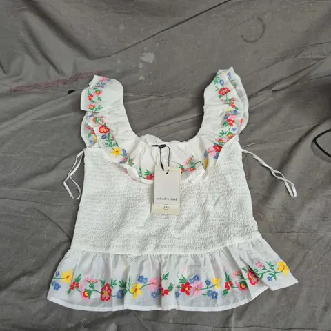 NOBODY'S CHILD EMBROIDERED SCOOP NECK SHIRRED TOP – UK 10