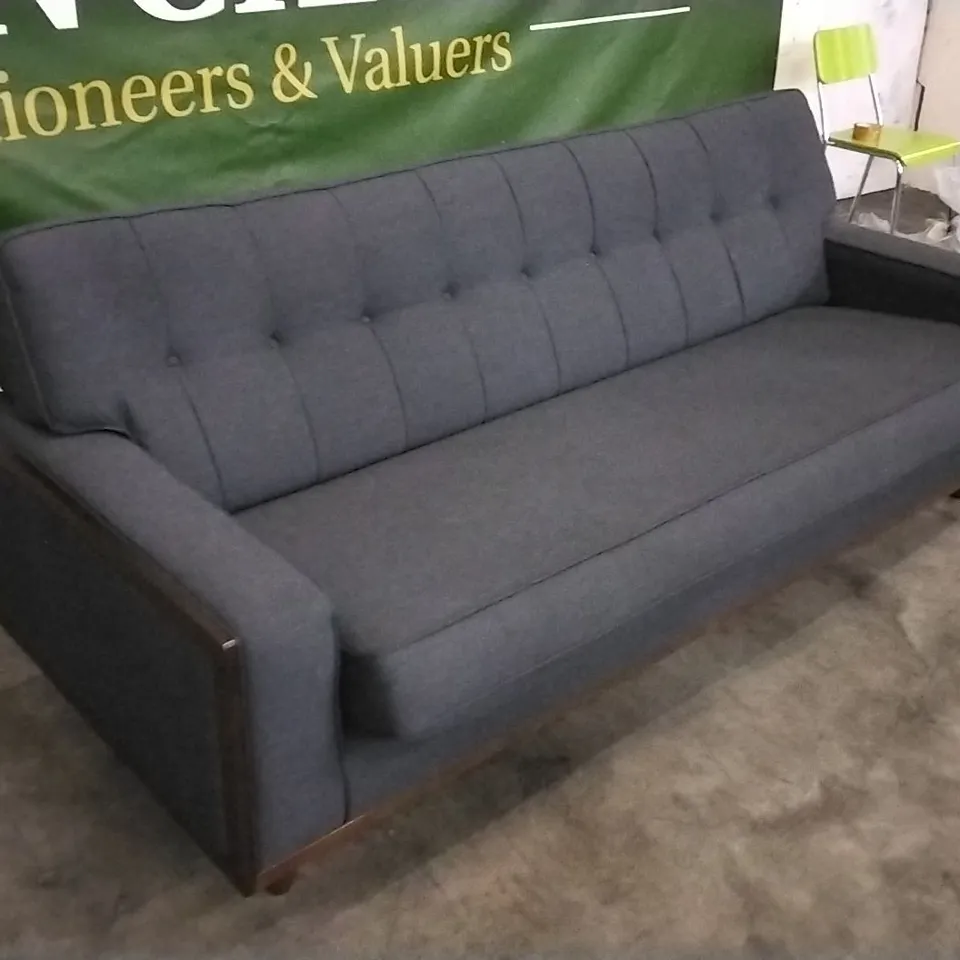 QUALITY BRITISH DESIGNED & MANUFACTURED G PLAN VINTAGE 59 LARGE SOFA TONIC CHARCOAL FABRIC SOFA WITH WOOD FINISH 