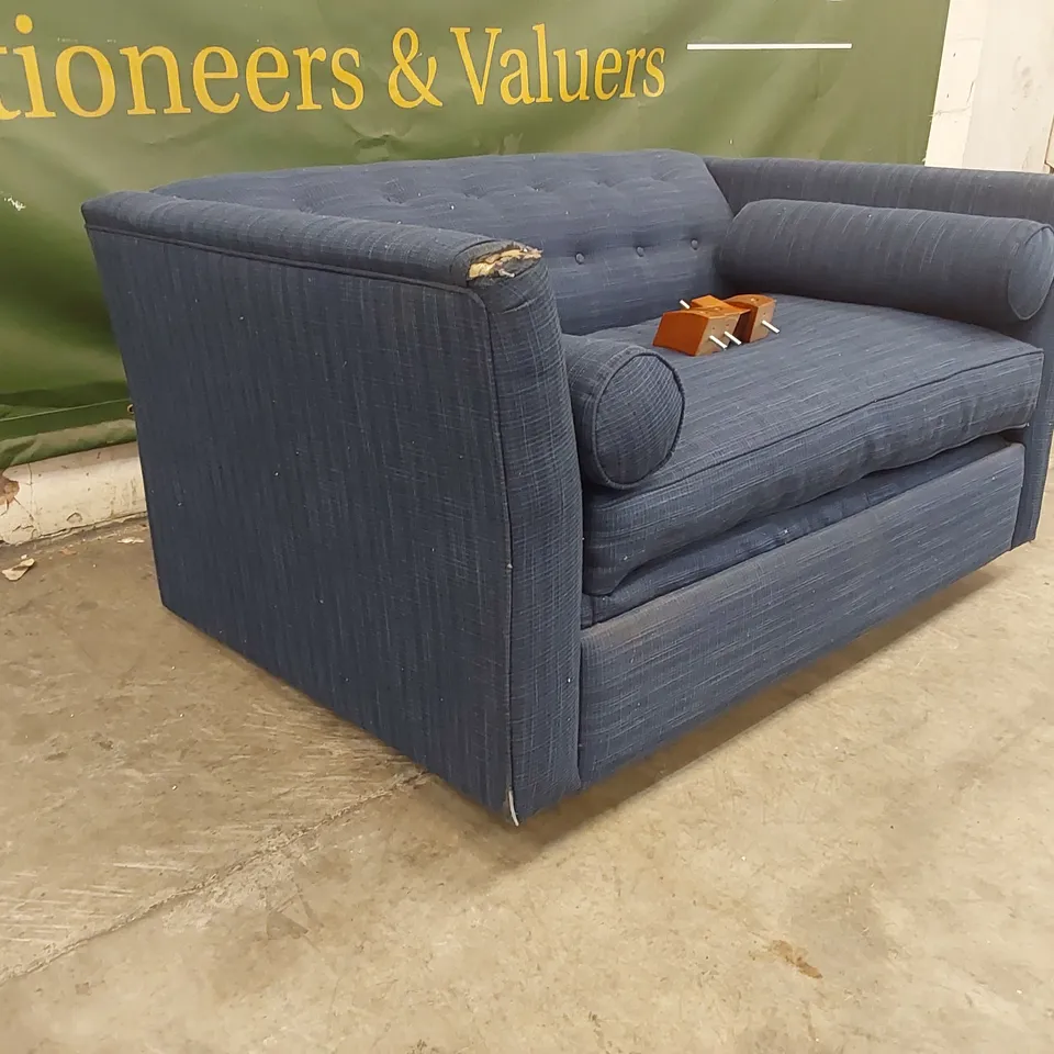 QUALITY DESIGNER 2 SEATER FABRIC UPHOLSTERED BLUE SOFA BED