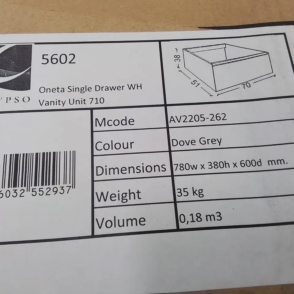 BOXED AS NEW CALYPSO ONETA SINGLE DRAWER WH VANITY UNIT IN DOVE GREY - 780X380X600MM