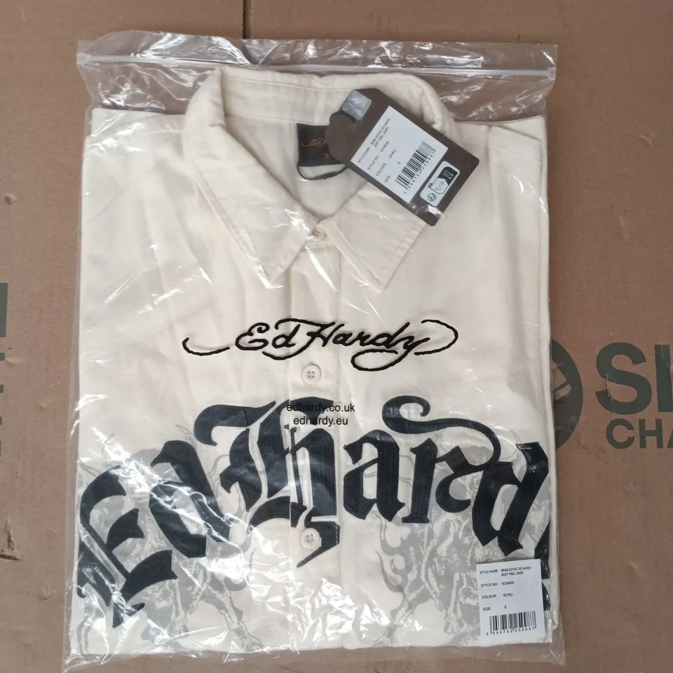 BAGGED ED HARDY MEN'S GOTHIC BOXY TWILL SHIRT IN ECRU SIZE SMALL