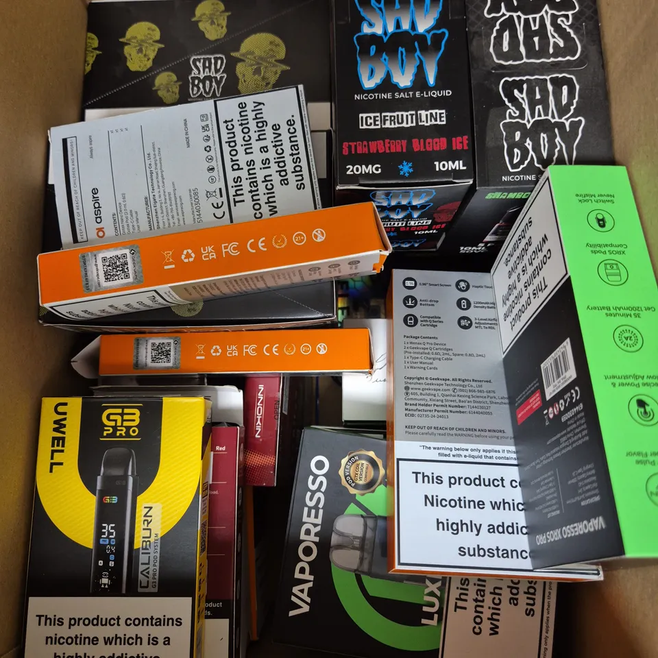 APPROXIMATELY 15 ASSORTED E-CIGARETTE PRODUCTS TO INCLUDE - SAD BOY, GEEK VAPE, SONDER ETC 