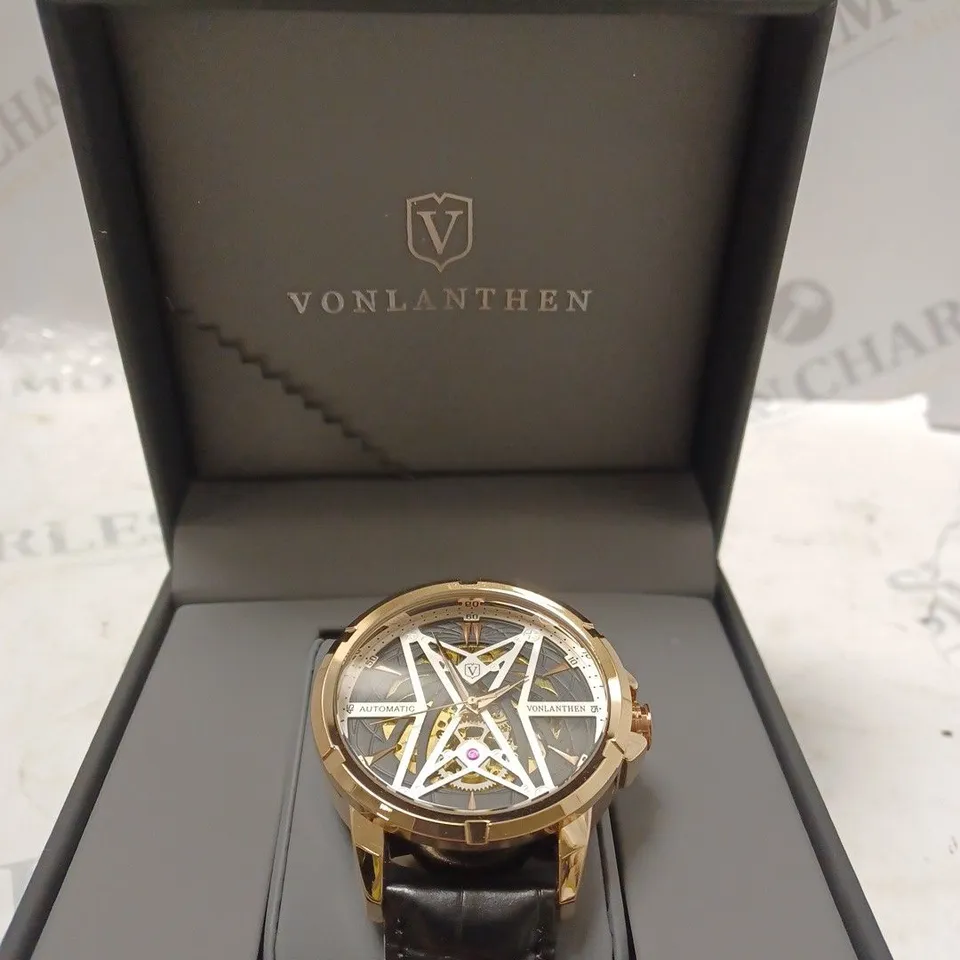 MENS VONLANTHEN AUTOMATIC SKELETON WATCH – BLACK LEATHER STRAP