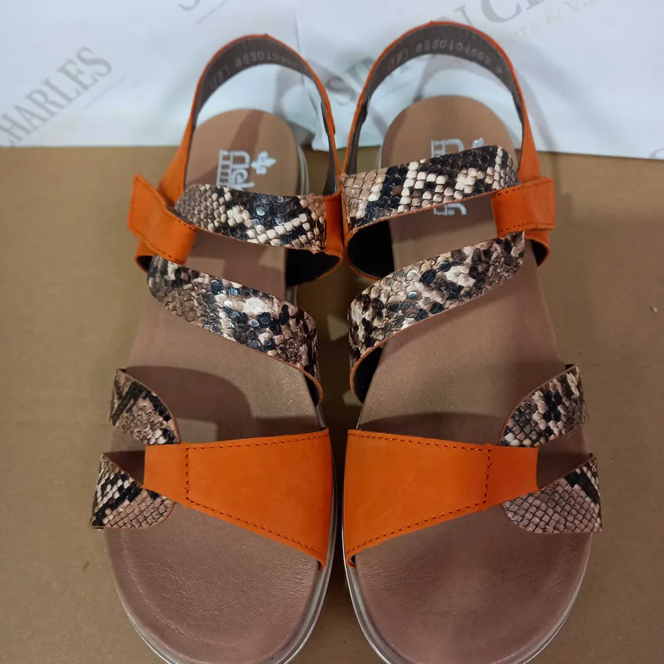 RIEKER ANTISTRESS PAIR OF SANDALS (LEATHER, ORANGE/SNAKE PATTERN), SIZE 6 UK