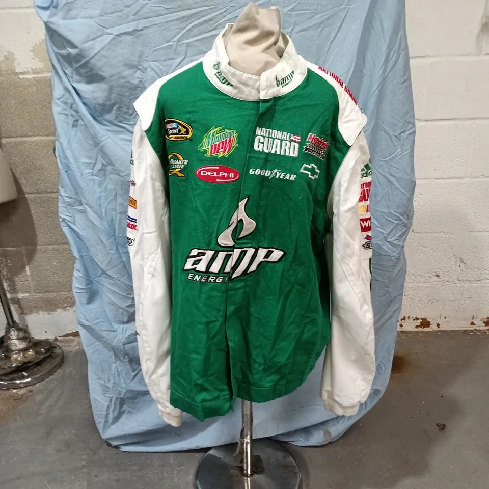 ADIDAS GREEN & WHITE RACING JACKET – 2XL (UK 20-22) WITH NATIONAL GUARD LOGOS
