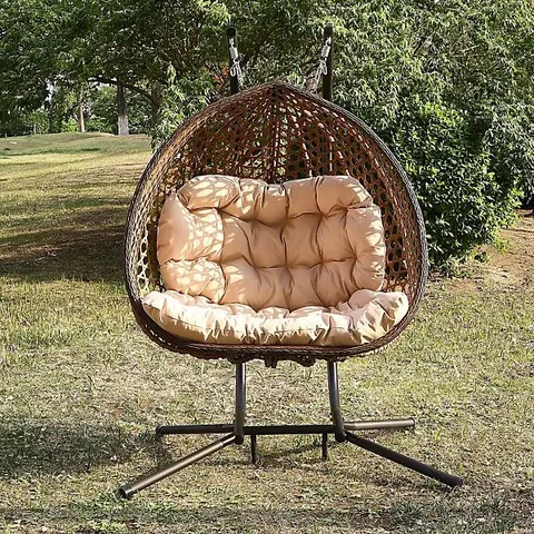 BOXED ALSTON DOUBLE GARDEN HANGING EGG CHAIR - BROWN/CREAM