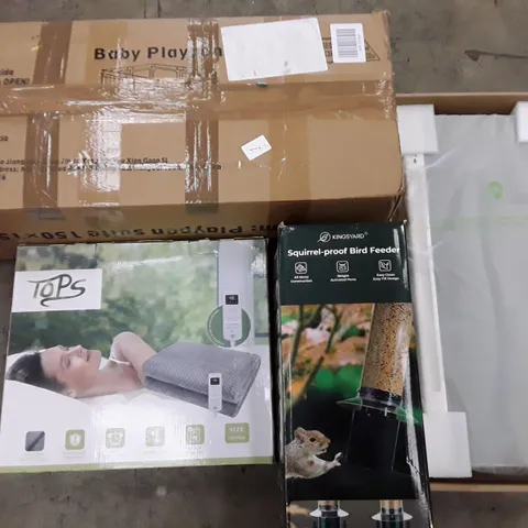 PALLET OF ASSORTED HOUSEHOLD ITEMS TO INCLUDE HEATED BLANKET, BABY PLAYPEN AND BIRD FEEDER
