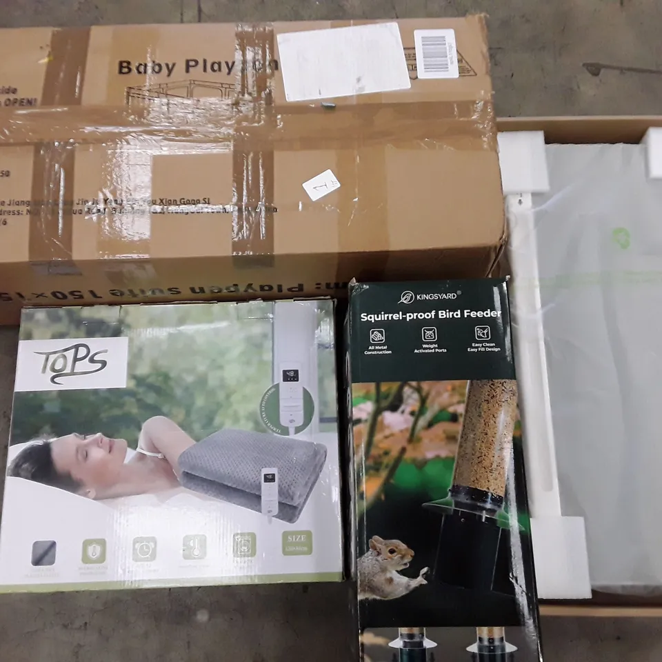 PALLET OF ASSORTED HOUSEHOLD ITEMS TO INCLUDE HEATED BLANKET, BABY PLAYPEN AND BIRD FEEDER