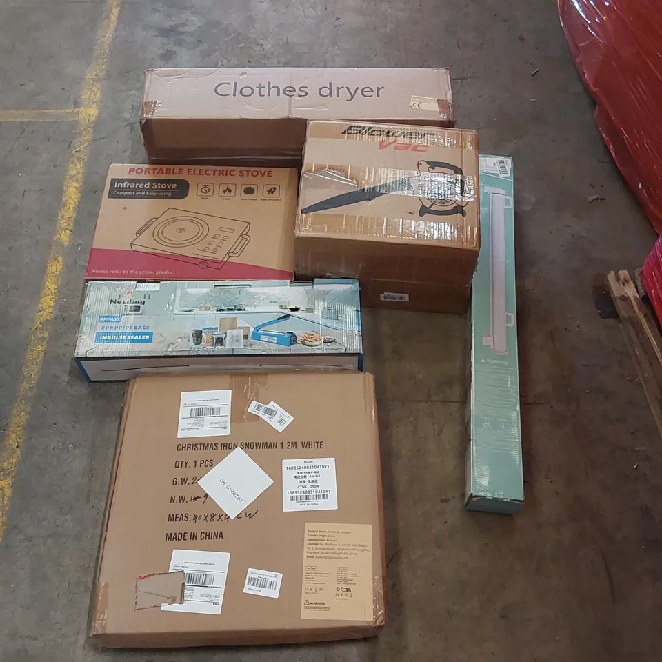 PALLET OF ASSORTED ITEMS INCLUDING: IMPUSE SEALER, CLOTHES DRYER, BLOWER VAC, IMPULSE SEALER, RETRACTABLE SAFETY GATE, SNOWMAN DECORATION ECT