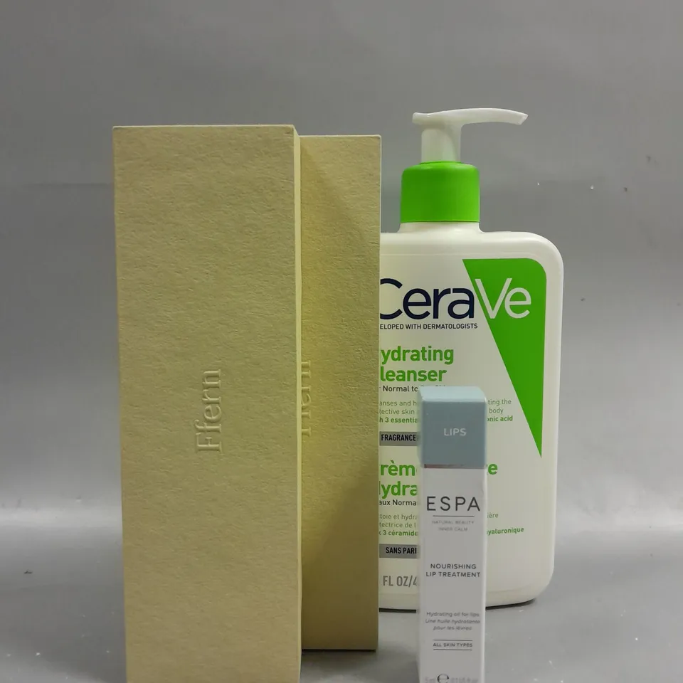 LOT OF 4 HEALTH AND BEAUTY ITEMS TO INCLUDE FFERN ORGANIC SPRING SAMPLE KIT, ESPA NOURISHING LIP TREATMENT (5ML) AND CERAVE HYDRATING CLEANSER (473ML). 