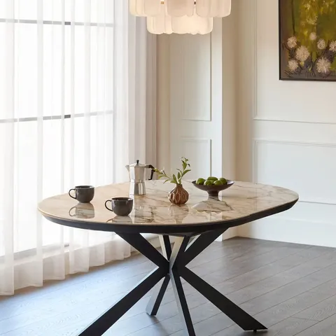 BOXED HAYDEN NATURAL CERAMIC 4-6 EXTENDING ROUND DINING TABLE (2 BOXES)