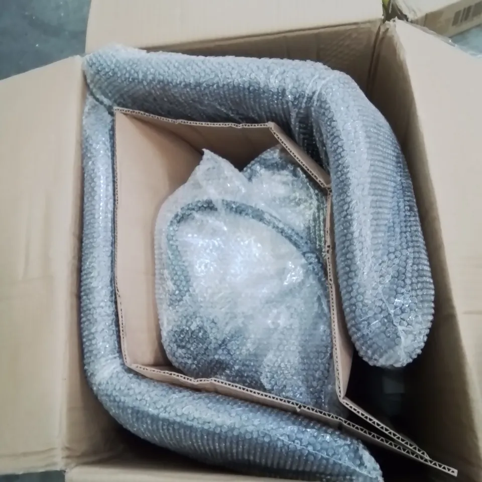 BOXED PAIR OF GREY FABRIC UPHOLSTERED DINING/BAR STOOLS
