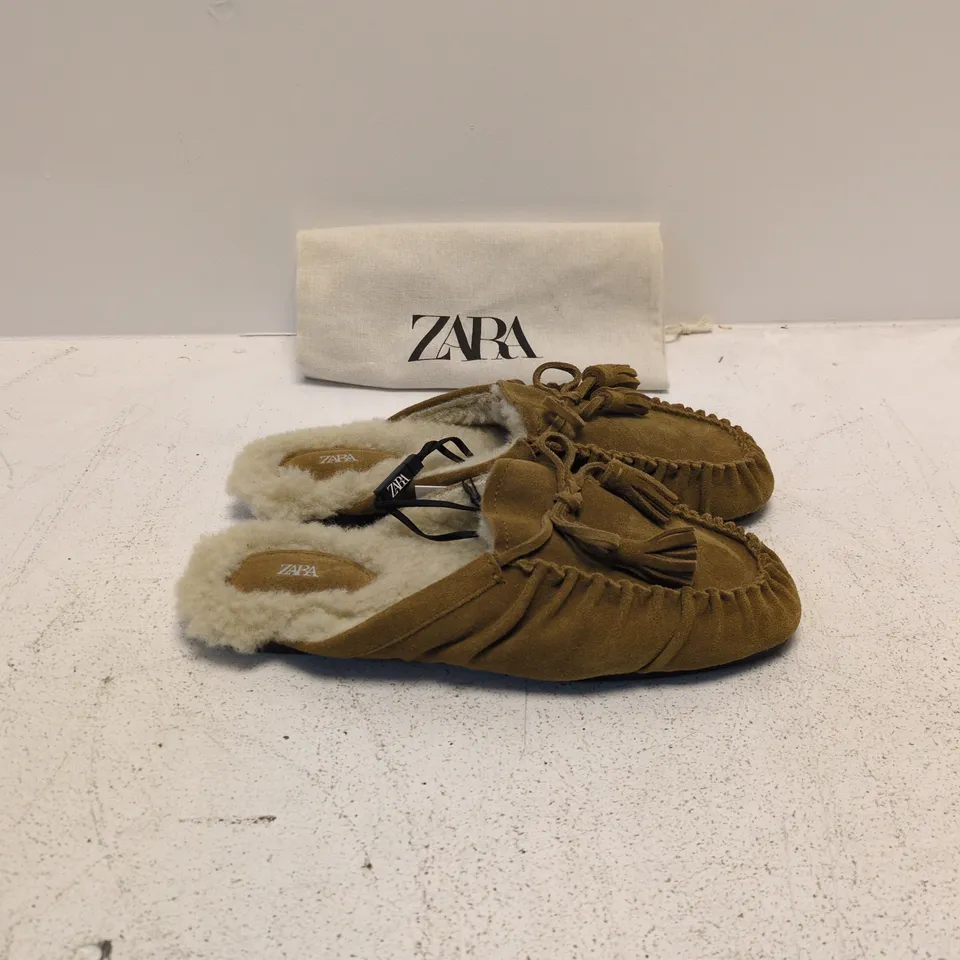 ZARA WOMEN'S SUEDE MOCCASIN SLIPPERS WITH SHEARLING – EU 37 (UK 4) BROWN