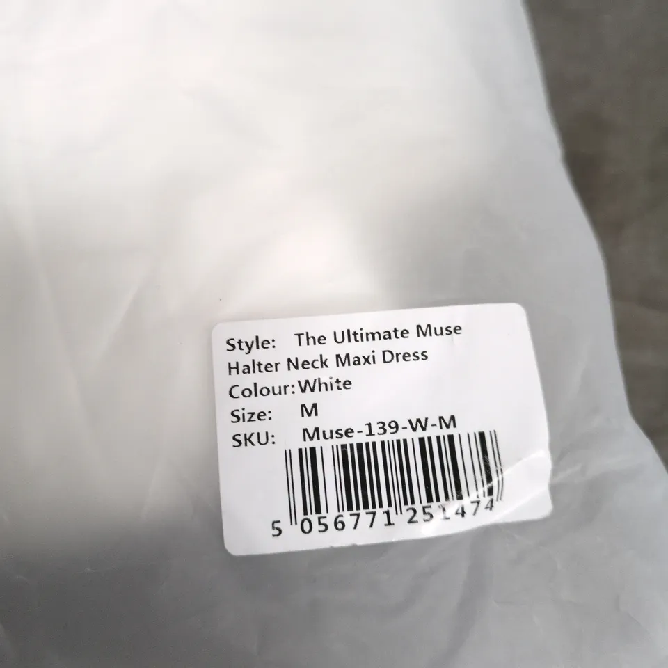 BAGGED ODDMUSE LONDON THE ULTIMATE MUSE HALTER NECK MAXI DRESS – WHITE, SIZE M