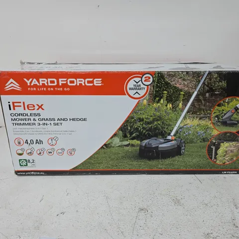 YARD FORCE IFLEX CORDLESS MOWER & GRASS AND HEDGE TRIMMER 3-IN-1 SET