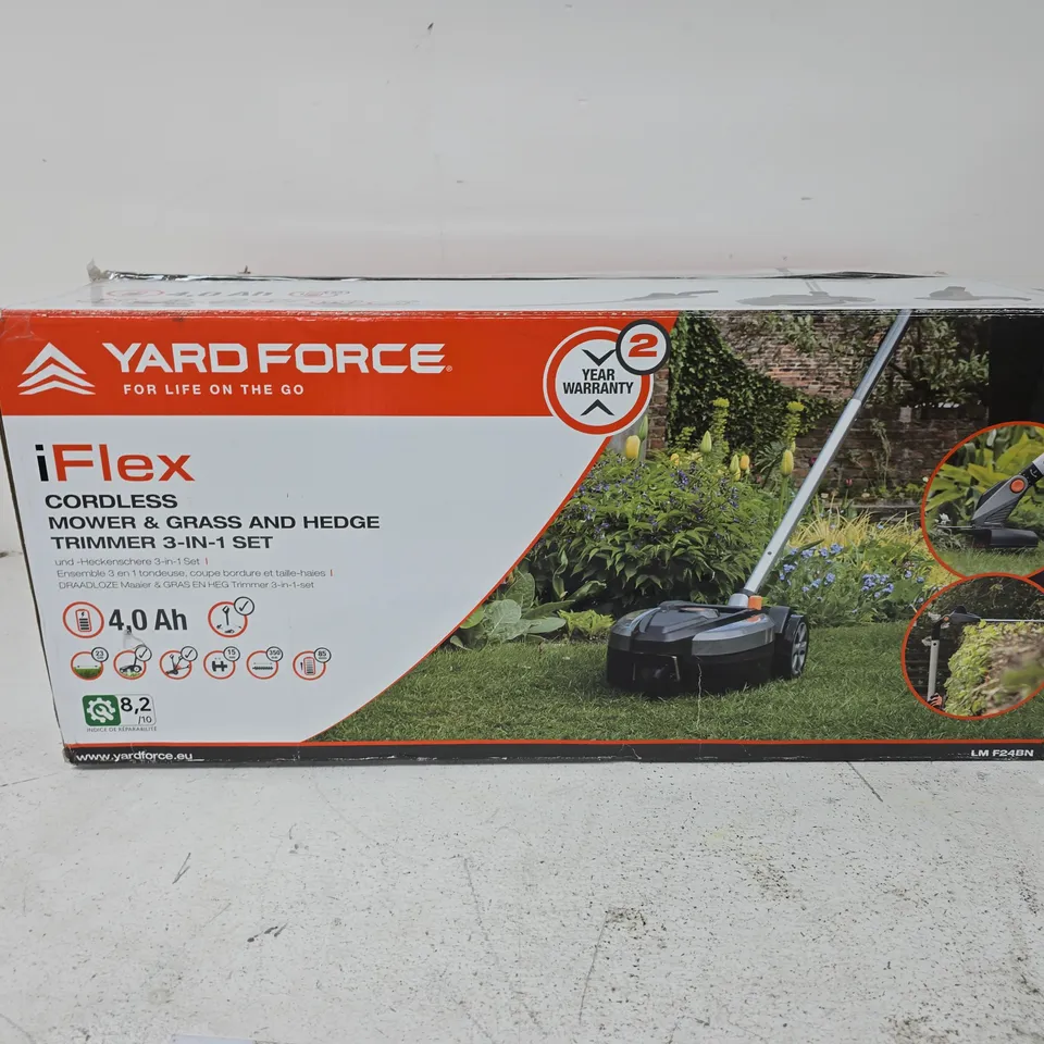 YARD FORCE IFLEX CORDLESS MOWER & GRASS AND HEDGE TRIMMER 3-IN-1 SET