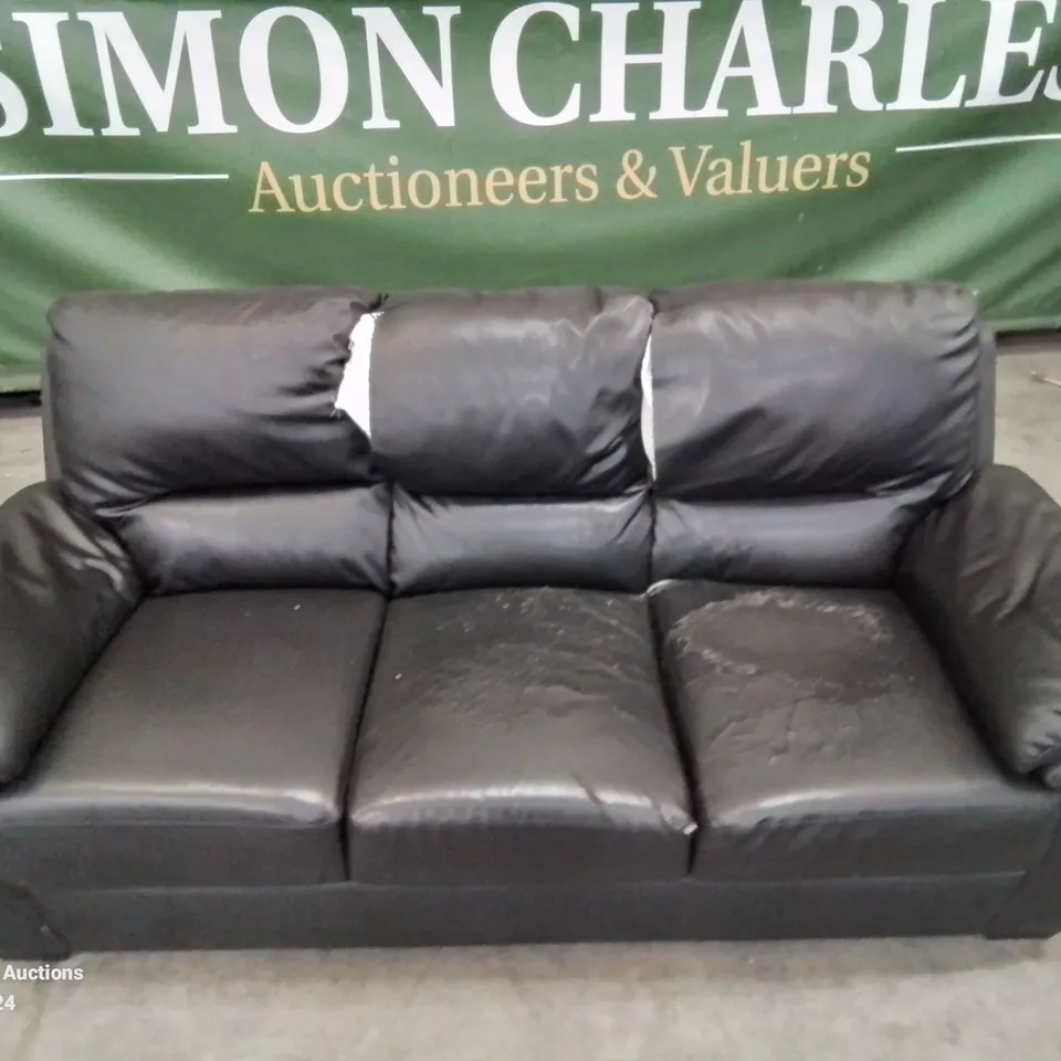 QUALITY DESIGNER 3 SEATER FAUX LEATHER BLACK SOFA (DAMAGE AS SHOWN)