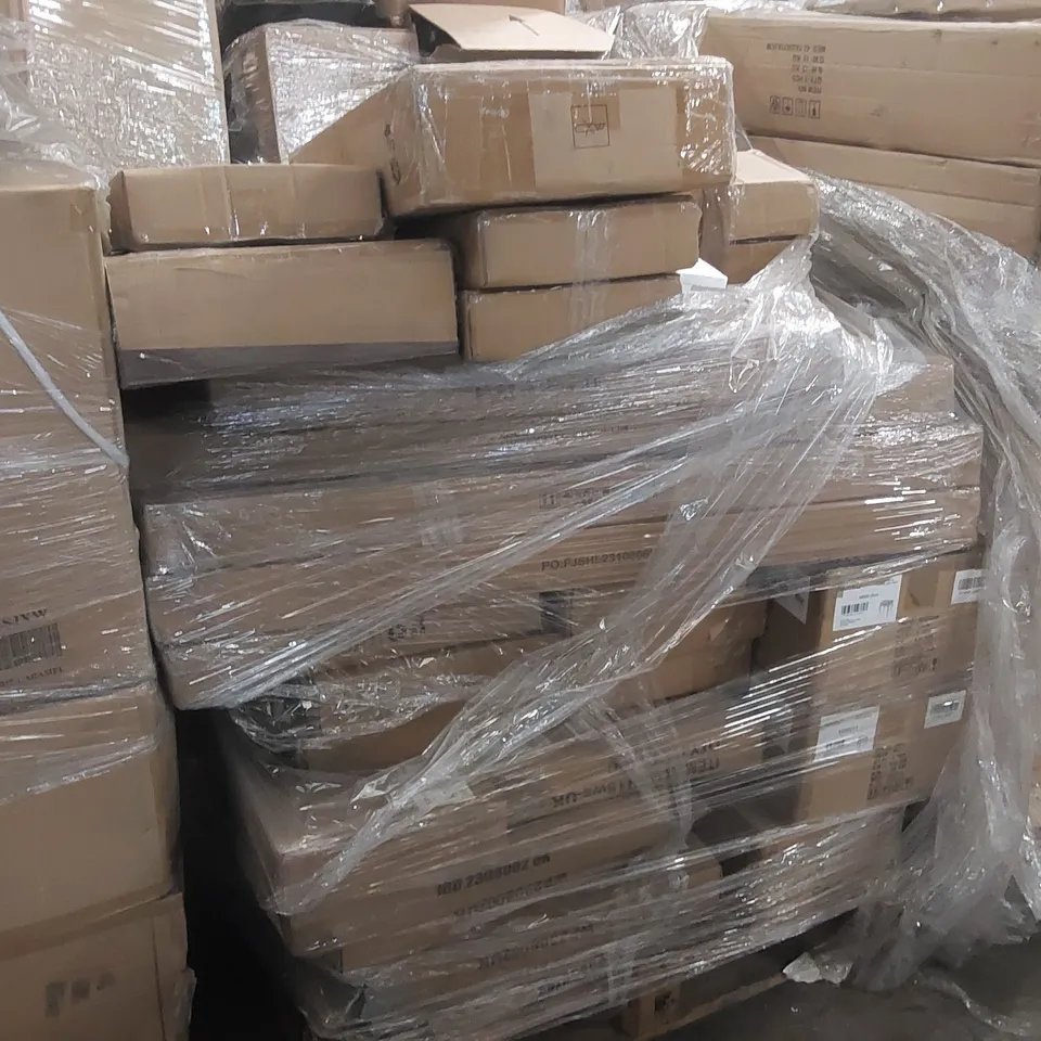 PALLET OF ASSORTED ITEMS INCLUDING: DRESSING TABLE STOOLS, GARDEN SCREENING, UNDER SINK BATHROOM CABINET, FLOATING SHELF ECT