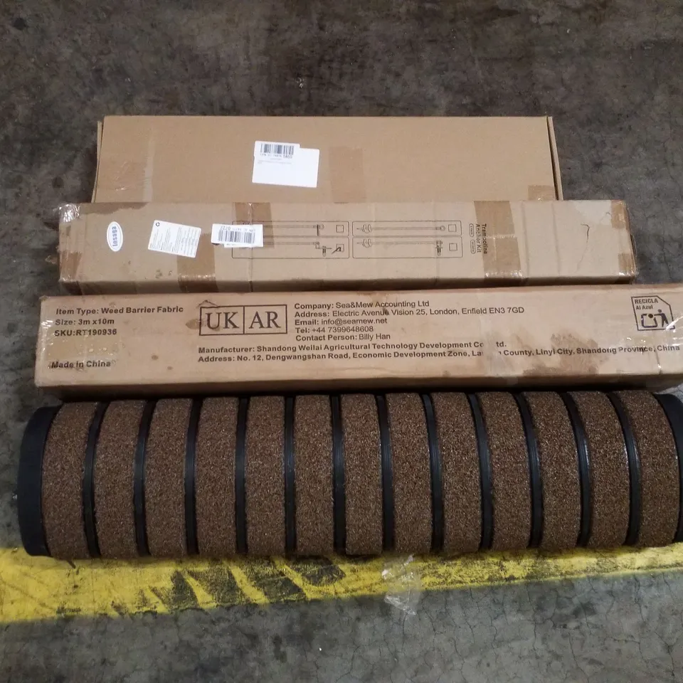 PALLET CONTAINING ASSORTED PRODUCTS INCLUDING DOOR MAT, WEED BARRIER FABRIC, TRAMPOLINE ANCHOR KIT & FLOATING SHELF