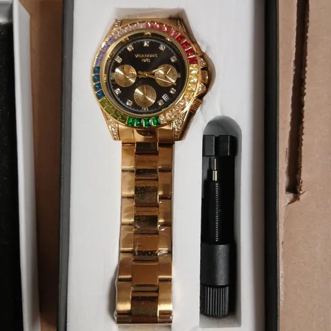 VEADONS GOLD-TONE WRISTWATCH WITH RAINBOW GEM-SET BEZEL – BOXED