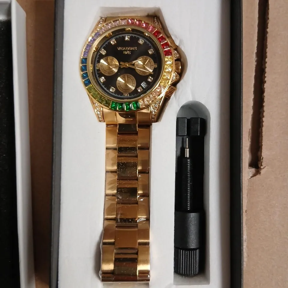 VEADONS GOLD-TONE WRISTWATCH WITH RAINBOW GEM-SET BEZEL – BOXED
