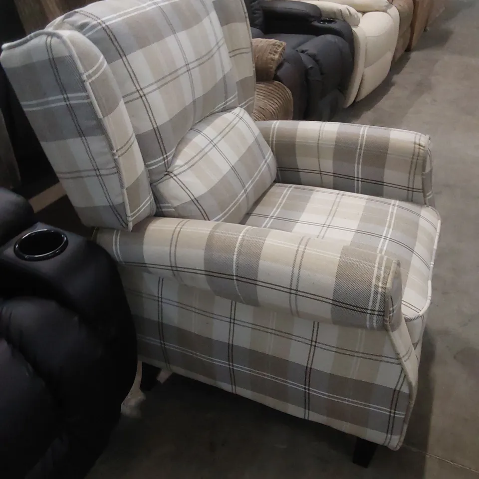 DESIGNER TARTAN PATTERN FABRIC UPHOLSTERED ARMCHAIR 