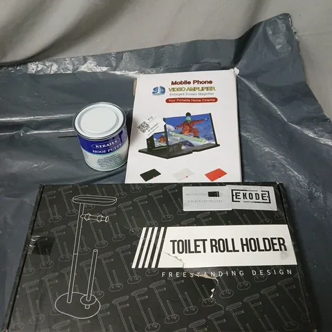 APPROXIMATELY 12 ASSORTED HOUSEHOLD ITEMS TO INCLUDE TOILET ROLL HOLDER, MOBILE PHONE VIDEO AMPLIFIER, HOOF PUTTY ETC