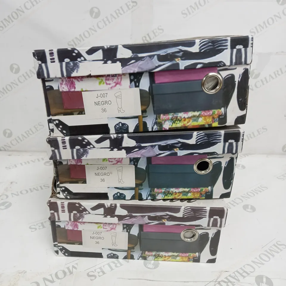 3 BOXED PAIRS OF BESTINN BLACK KNEE HIGH HEELED BOOTS SIZE 36  