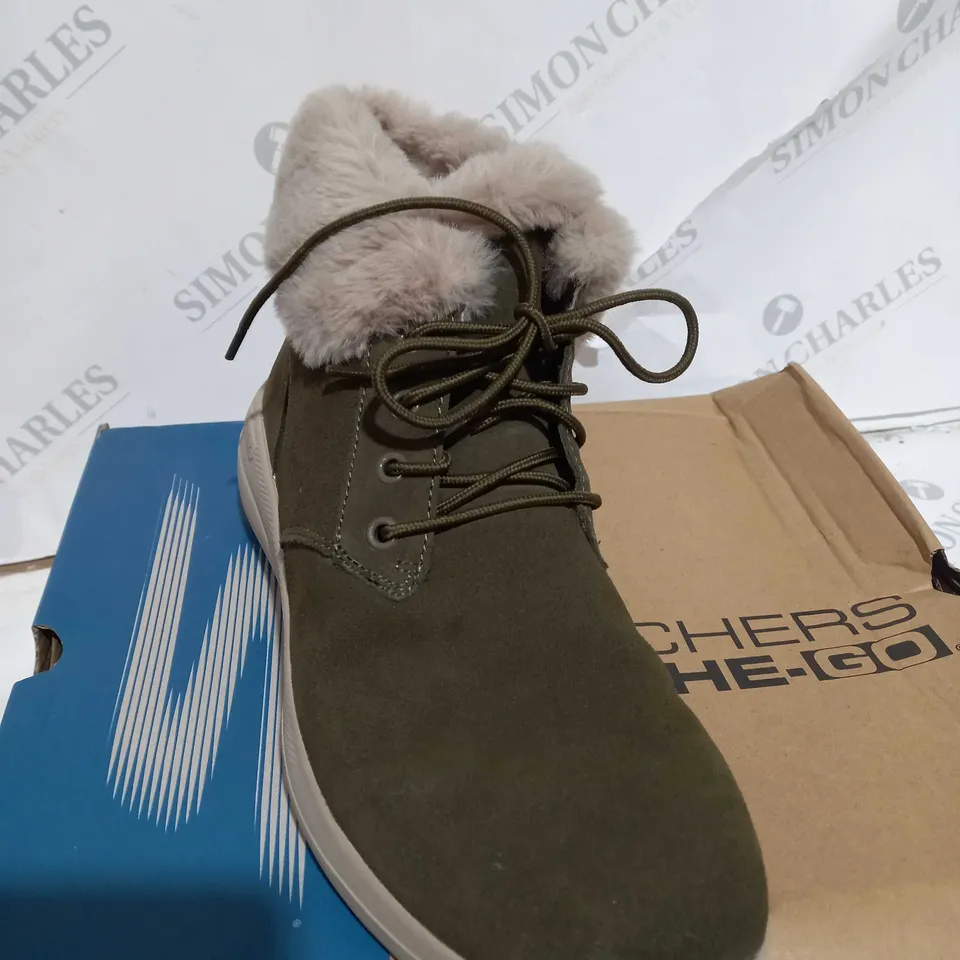 BOXED SKECHERS GO WALK STABILITY SUEDE BOOTS, OLIVE - SIZE 6