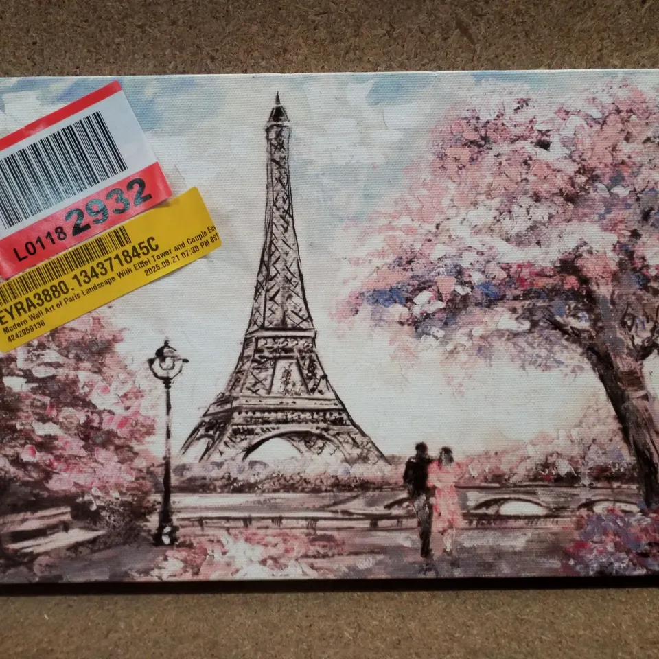 BOXED MODERN WALL ART OF PARIS LANDSCAPE WITH EIFFEL TOWER AND COUPLE ENVOLOPED BY LEAVES IN A CONTEMPORARY STYLE 