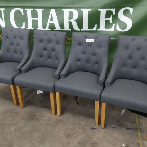 SET OF FOUR UPHOLSTERED BUTTONED BACK DINING CHAIRS CHARCOAL FABRIC ON NATURAL LEGS