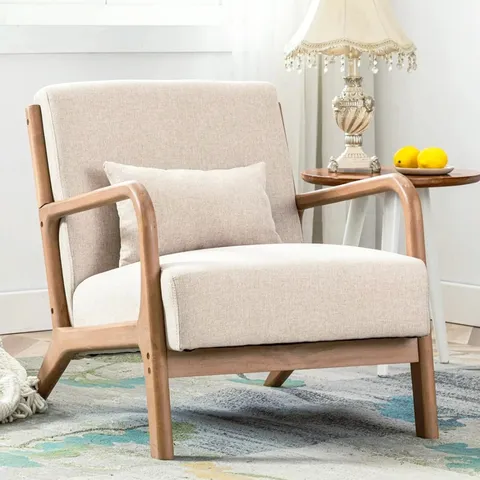 BOXED ANJHOME MID CENTURY MODERN ACCENT CHAIR - BEIGE/WOOD (1 BOX)