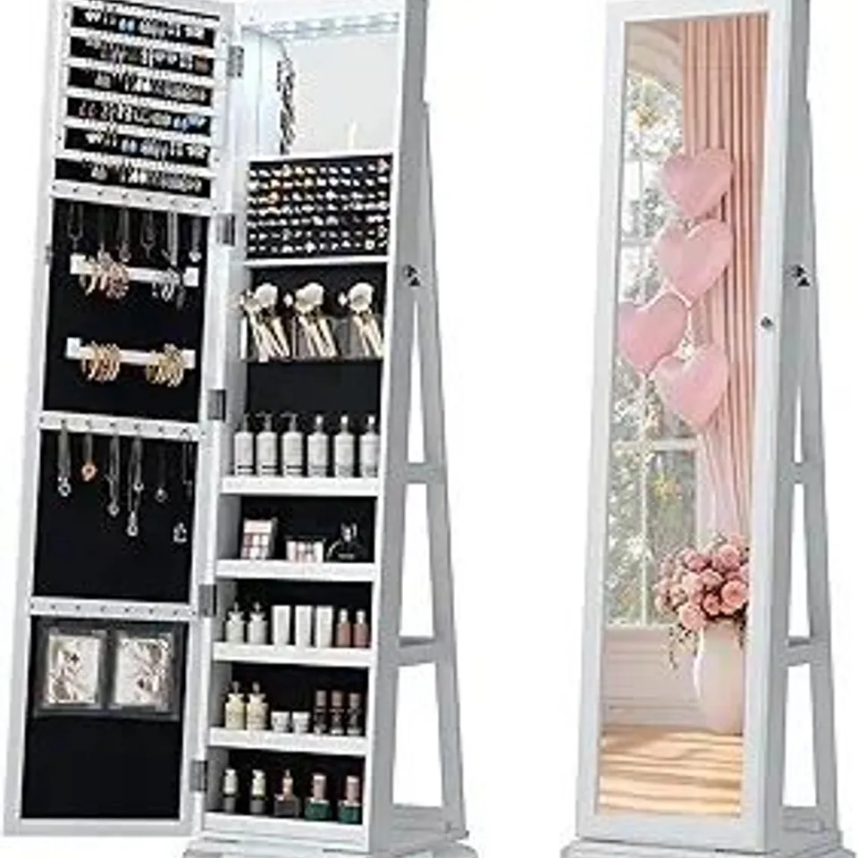 BOXED LVSOMT 360° ROTATING JEWELLERY CABINET WITH MIRROR - WHITE (1 BOX)