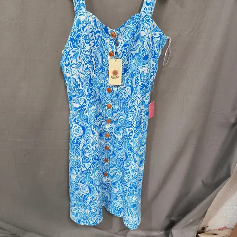 YUMI BLUE FLORAL BUTTON-FRONT DRESS, UK SIZE 10