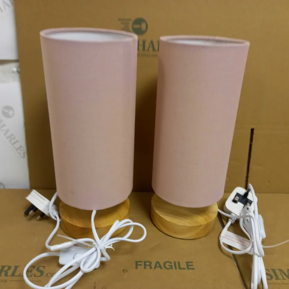 LIGHT WOOD CYLINDER LAMP WITH PINK SHADE