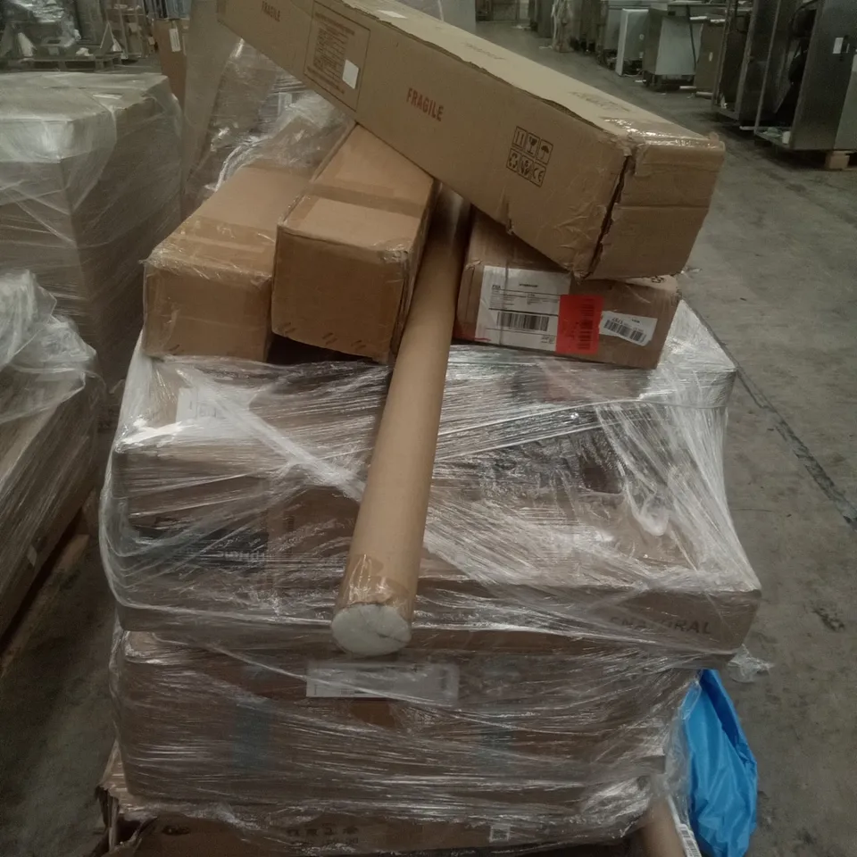 PALLET OF ASSORTED CURTAIN POLE, PATIO UMBRELLA, FOLDING CHAIR, GLASS BOARD