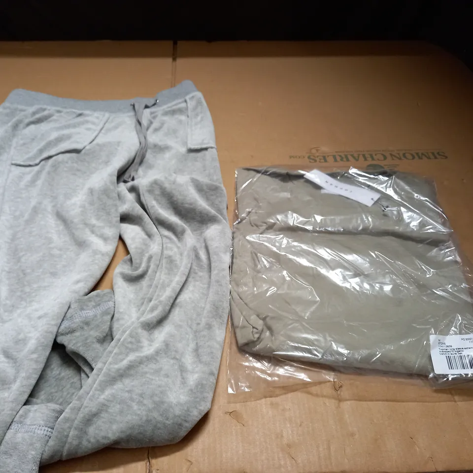 BOX OF ASSORTED CLOTHING ITEMS TO INCLUDE A PAIR OF GREY JOGGING PANTS AND A LONG SLEEVE EXTREME T SHIRT