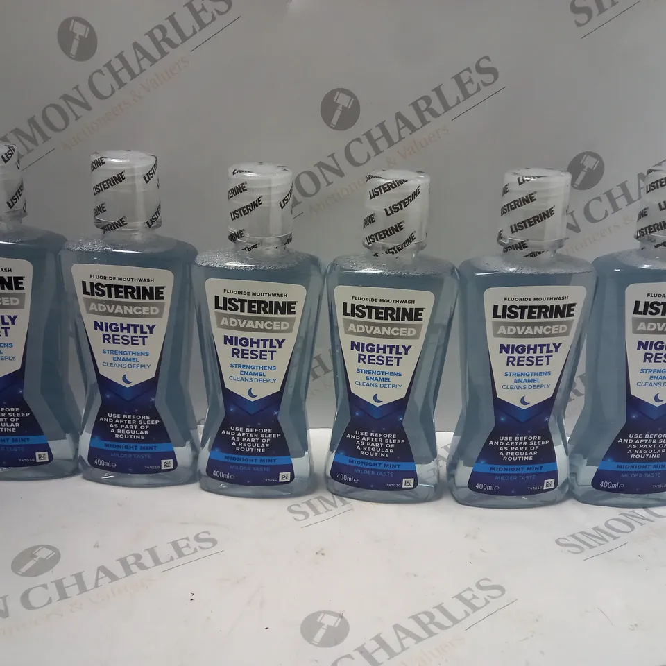 BOX OF 6x400ml BOTTLES OF LISTERINE ADVANCED NIGHTLY RESET FLUORIDE MOUTHWASH MIDNIGHT MINT