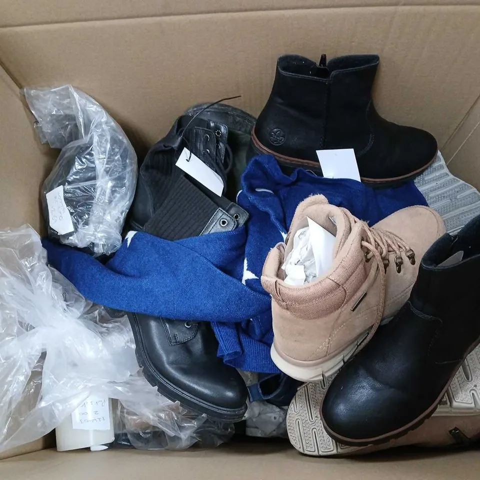 BOX OF APPROXIMATELY 12 ASSORTED ITEMS TO INCLUDE - BOOTS, SANDALS, AND ASSORTED CLOTHING ETC. 