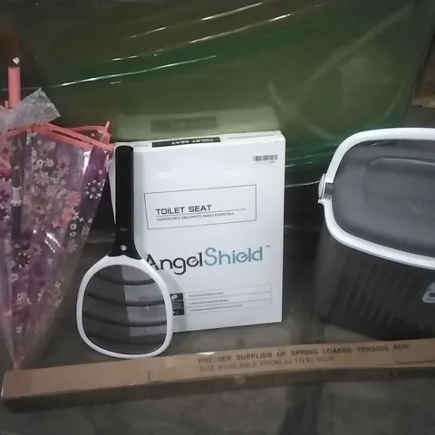 PALLET OF ASSORTED ITEMS INCLUDING FLOWER PATTERN UMBRELLA, ANGELSHIELD TOILET SEAT, ICEBERG COOLER BOX, BUG ZAPPER,SPRIN LOADED TENSION ROD